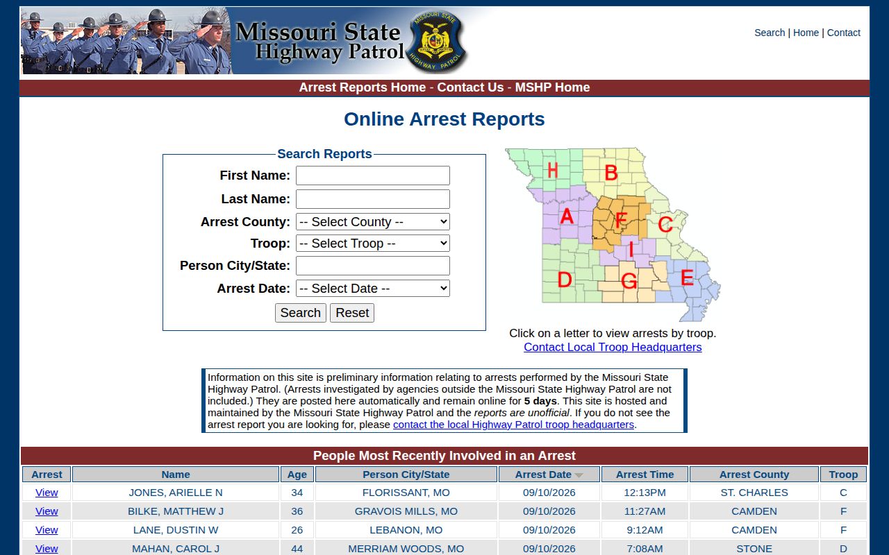 Missouri State Highway Patrol arrest report search and five-day notice