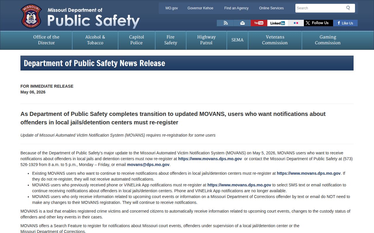 Missouri DPS MOVANS change affecting Chariton County arrest alerts
