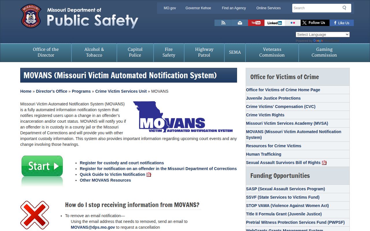 Missouri Department of Public Safety MOVANS information page