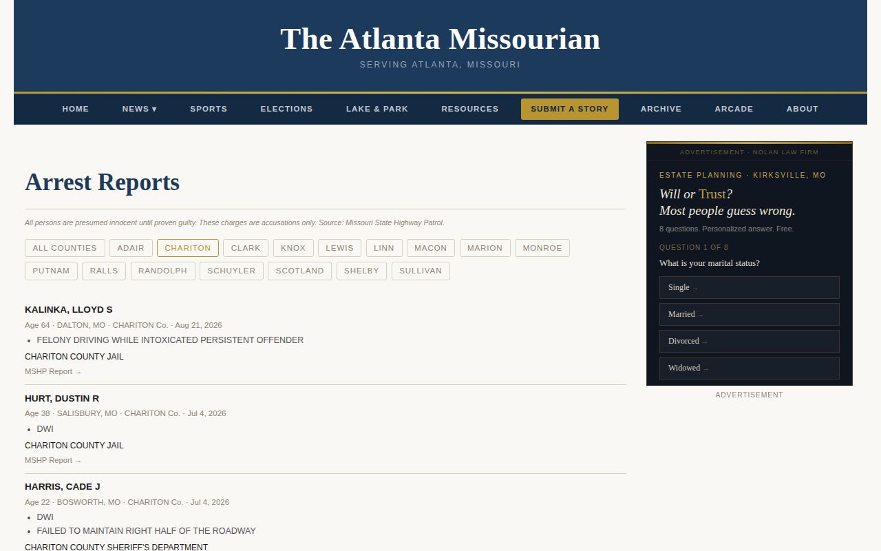 Atlanta Missourian secondary Chariton County arrest report index